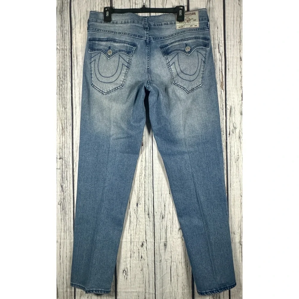 True Religion Ricky Relaxed Straight Jeans Mens 34 Stretch Flap‎ Pockets Blue